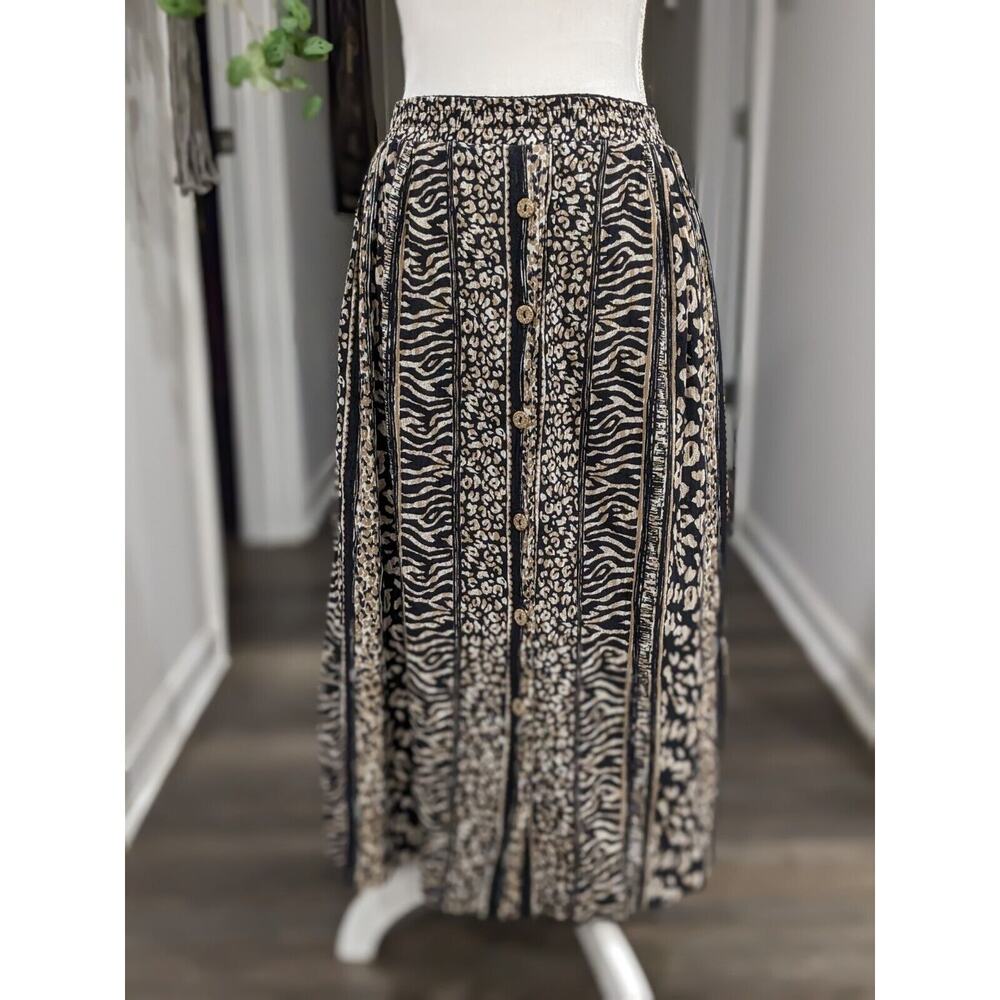 VTG Bohemian Animal Print Brown and Black Button Down Elastic Waist Midi Skirt